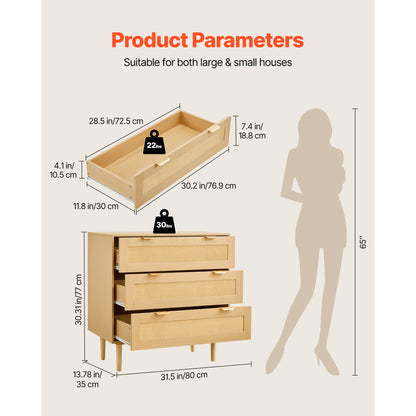 3-Drawer Rattan Dresser - Wood Bedroom Storage Chest