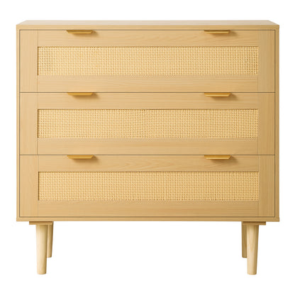 3-Drawer Rattan Dresser - Wood Bedroom Storage Chest