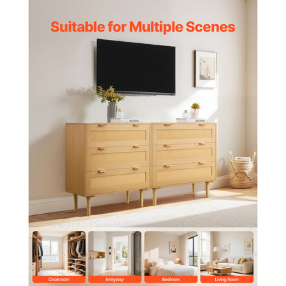 3-Drawer Rattan Dresser - Wood Bedroom Storage Chest