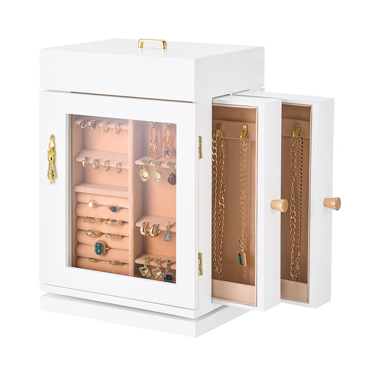 Jewelry Box 360° Rotating Jewelry Organizer with Built-in 4 Necklace Hooks White