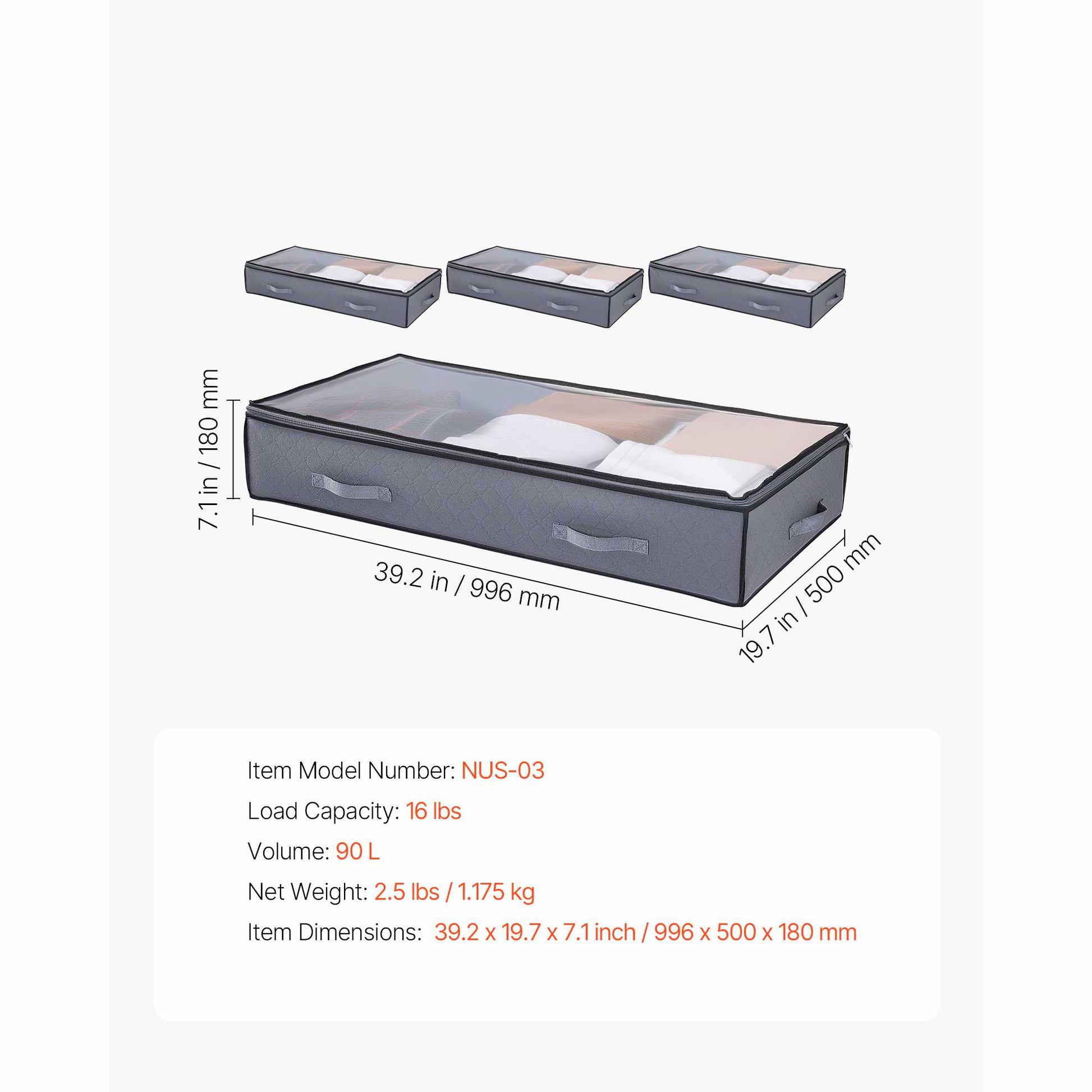 Dark Gray Under Bed Storage Box - Shoe Organizer 2 Pack for Bedroom