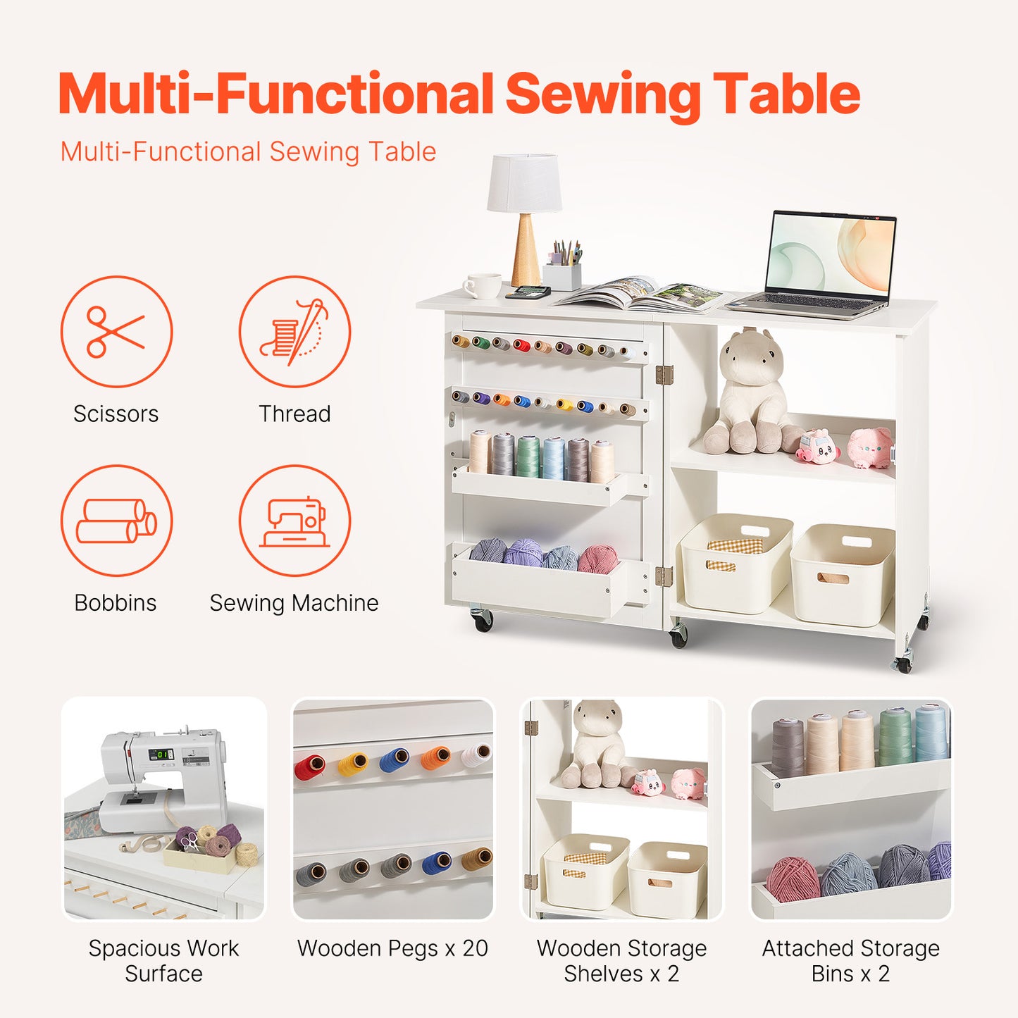 Folding Sewing Table with Storage Shelves & Wheels - White MDF