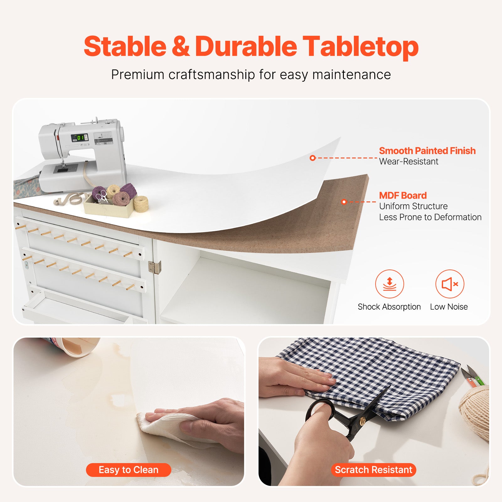 Folding Sewing Table with Storage Shelves & Wheels - White MDF