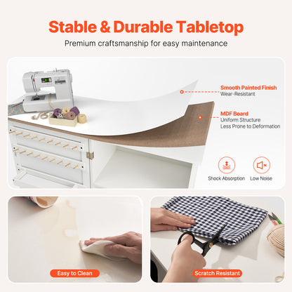 Folding Sewing Table with Storage Shelves & Wheels - White MDF