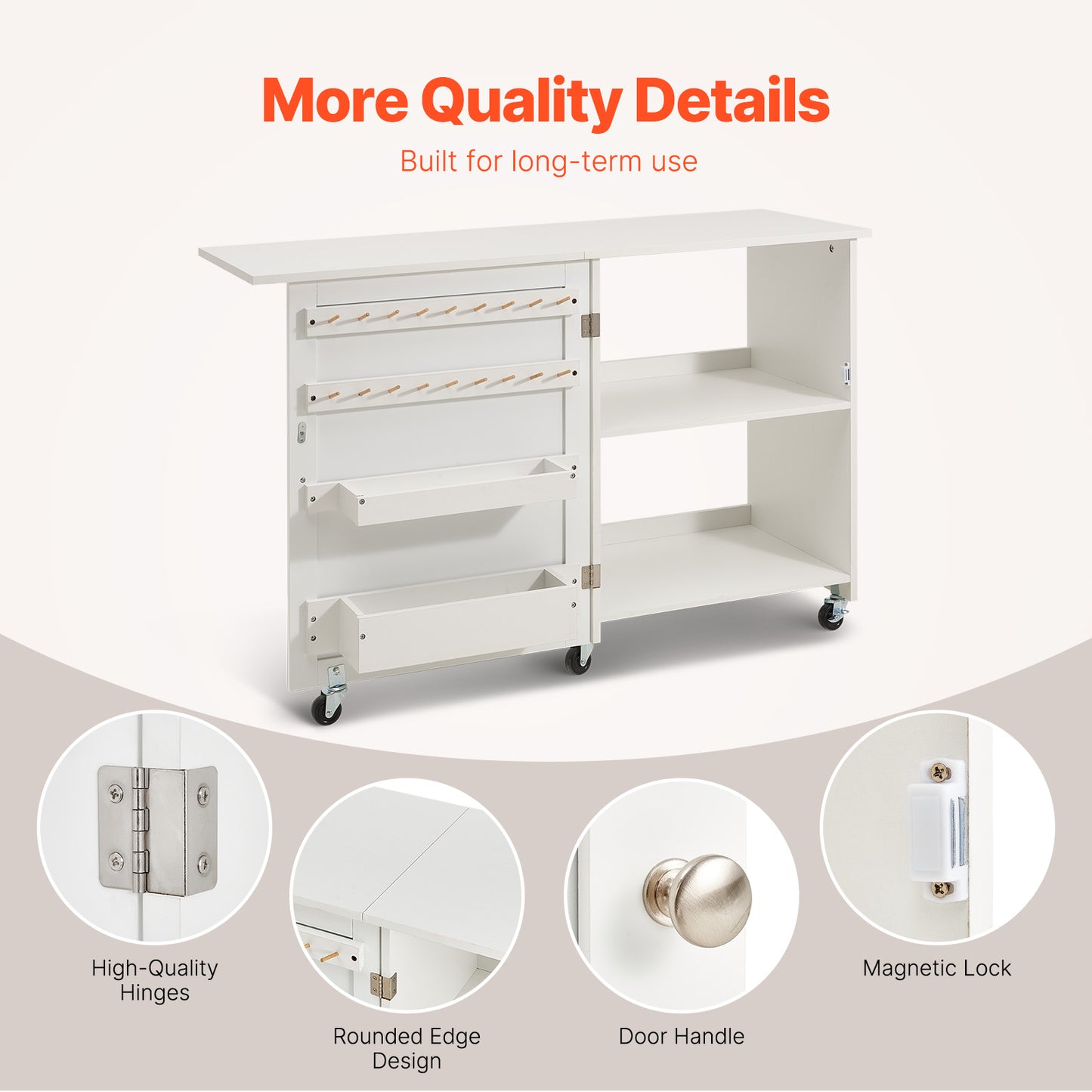Folding Sewing Table with Storage Shelves & Wheels - White MDF