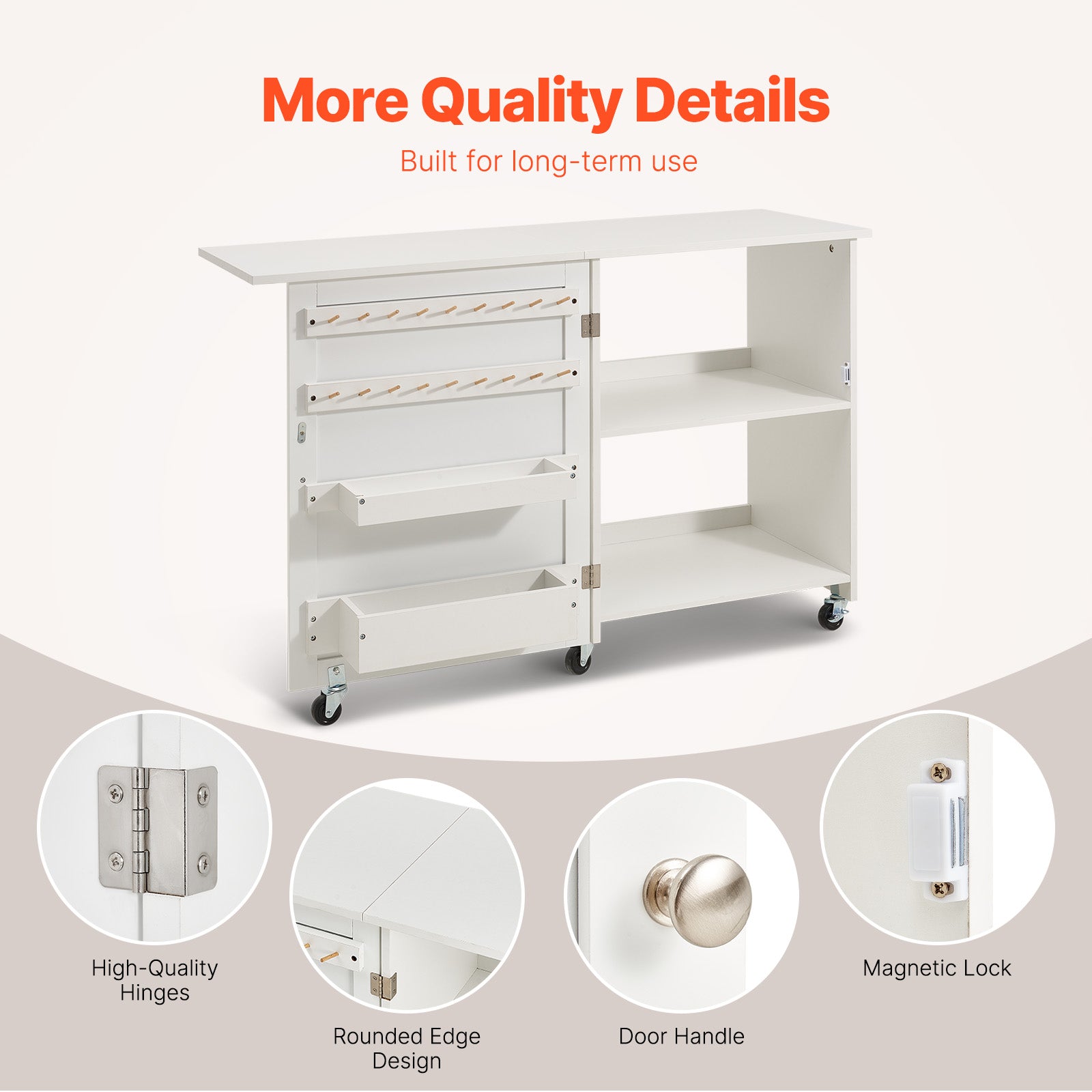 Folding Sewing Table with Storage Shelves & Wheels - White MDF
