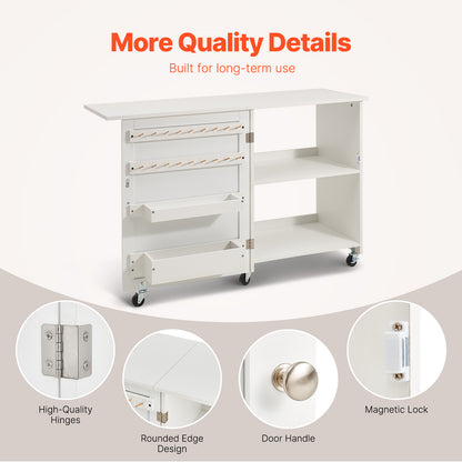 Folding Sewing Table with Storage Shelves & Wheels - White MDF