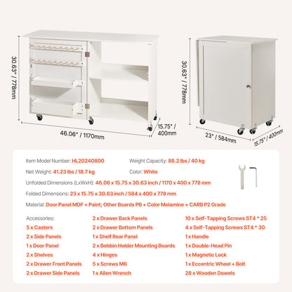 Folding Sewing Table with Storage Shelves & Wheels - White MDF