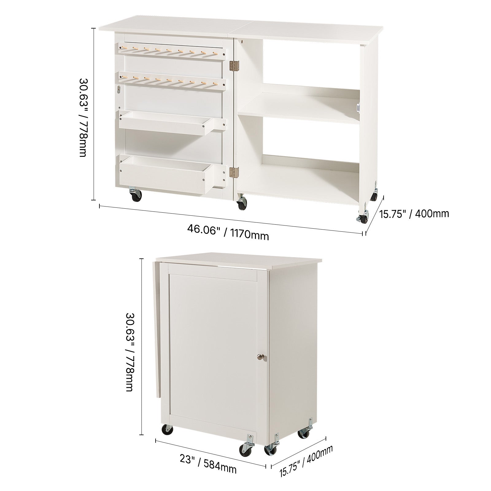 Folding Sewing Table with Storage Shelves & Wheels - White MDF