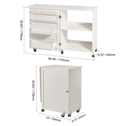 Folding Sewing Table with Storage Shelves & Wheels - White MDF
