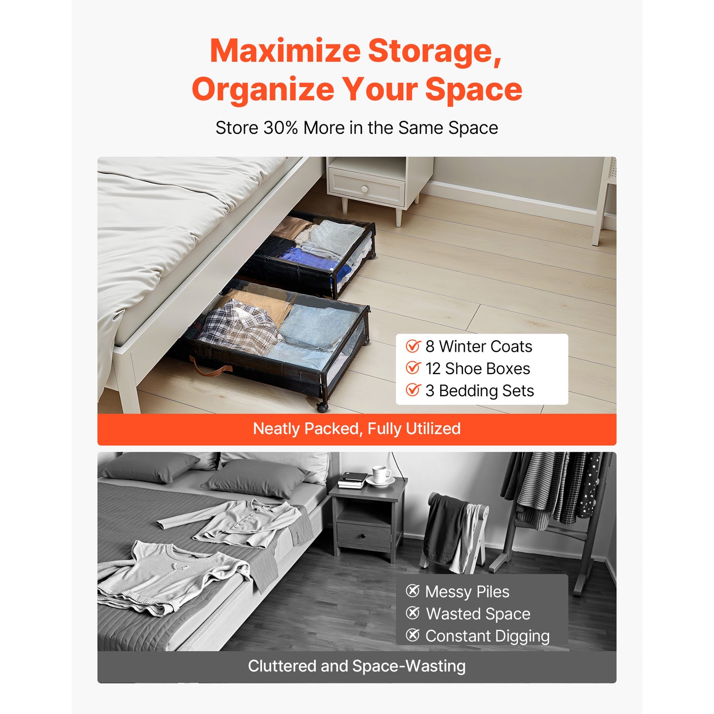 Black Oxford Under Bed Storage with Rolling Casters for Heavy Items for Bedroom