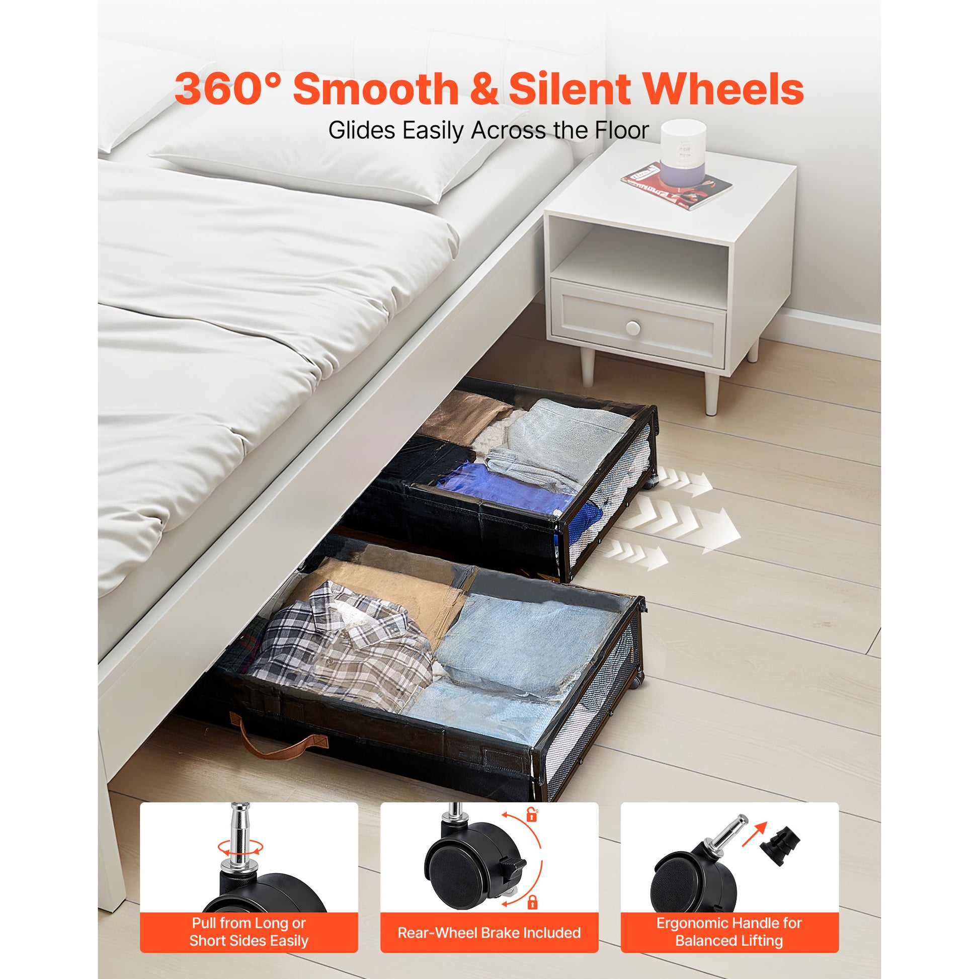 Black Oxford Under Bed Storage with Rolling Casters for Heavy Items for Bedroom