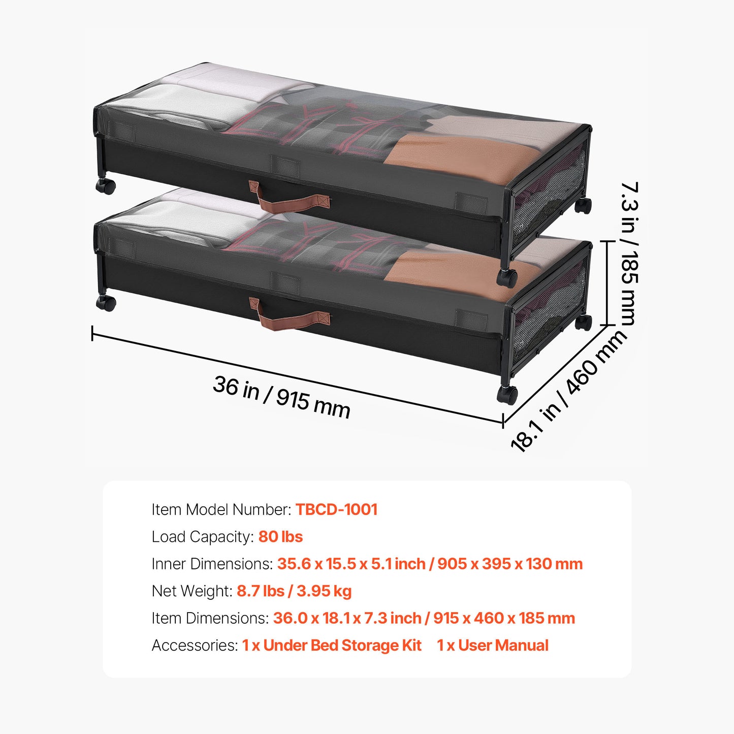 Black Oxford Under Bed Storage with Rolling Casters for Heavy Items for Bedroom