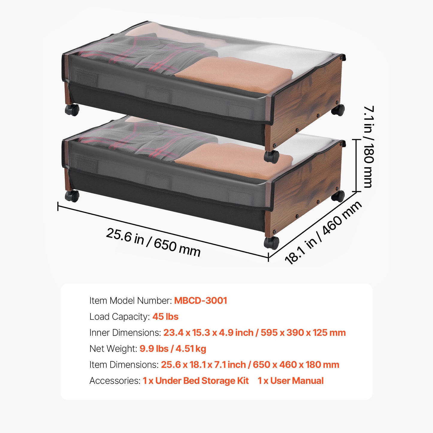 Brown Under Bed Storage with Wheels - 25.6 x 18.1 Inch for Bedroom