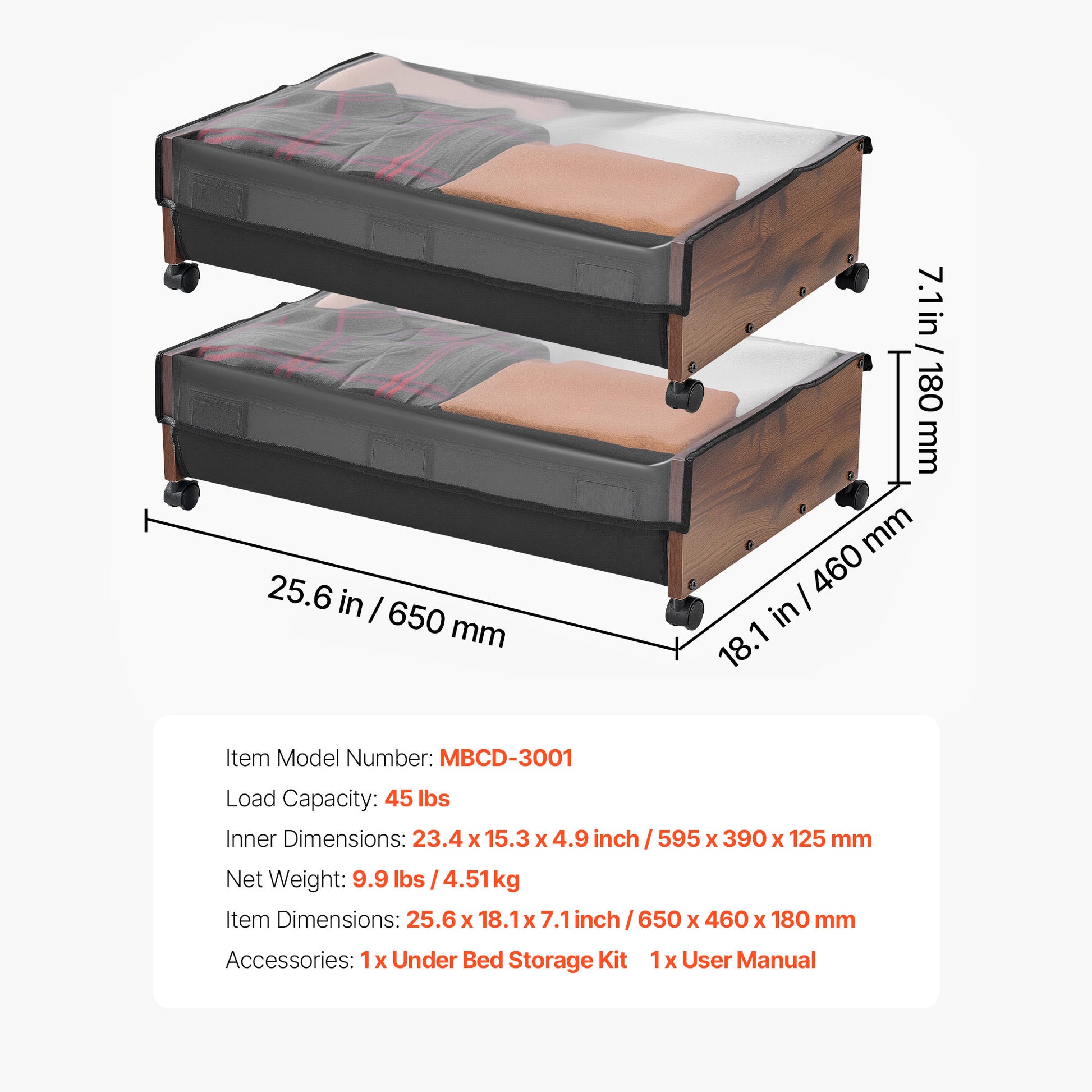 Brown Under Bed Storage with Wheels - 25.6 x 18.1 Inch for Bedroom