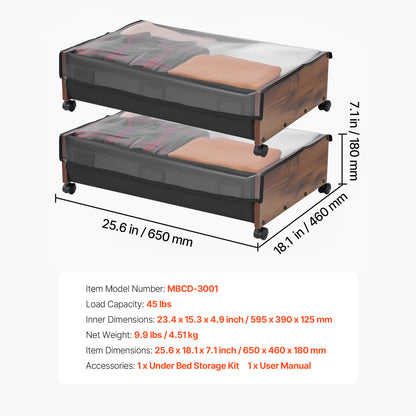 Brown Under Bed Storage with Wheels - 25.6 x 18.1 Inch for Bedroom