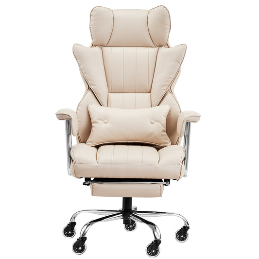 Executive Office Chair with Footrest, 400 lbs Capacity With Heavy Duty PU Leather Wide Office Chair, Big and Tall Reclining Office Chairs with Lumbar Support, Strong Metal Base Quiet Wheels, Khaki