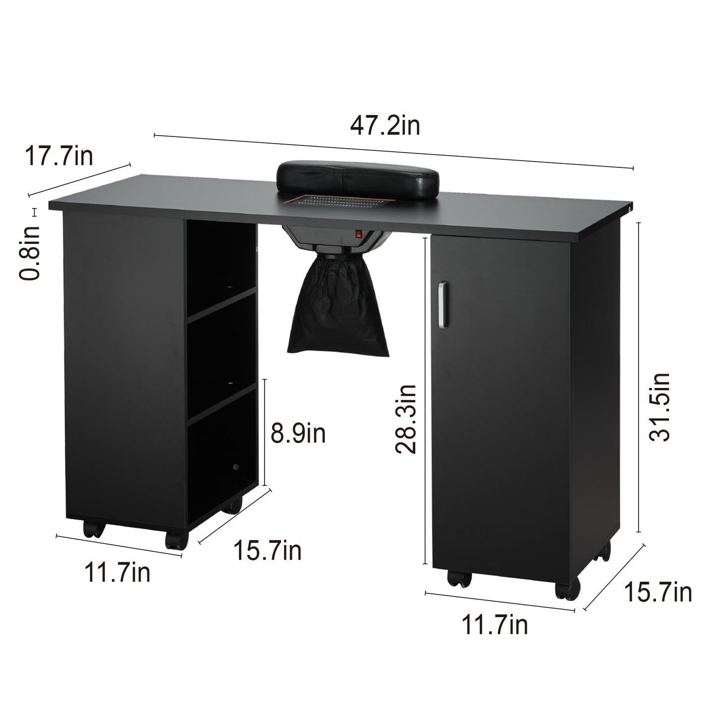 Black Nail Tech Desk - Mobile Manicure Table with Dust Collector for Home Office