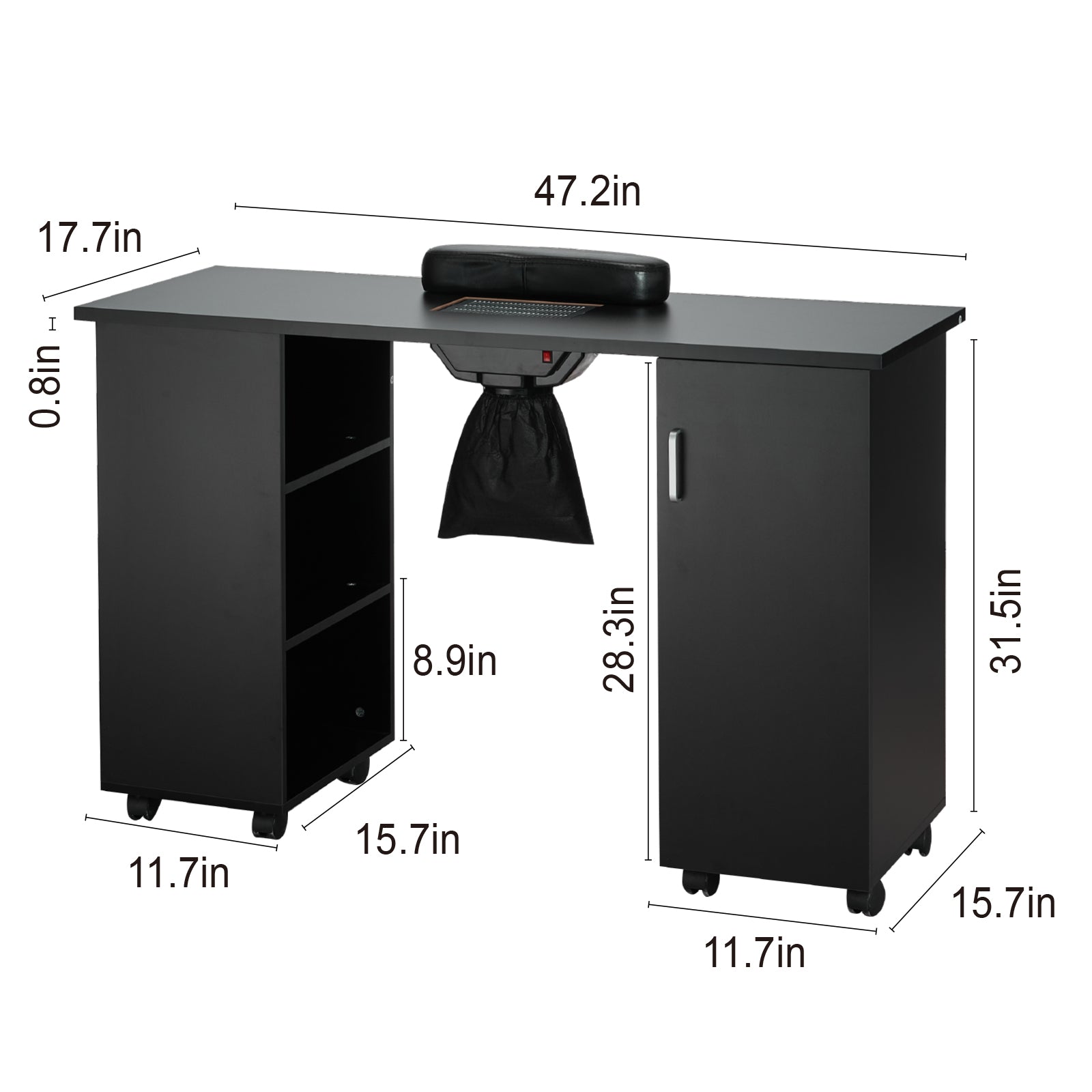 Black Nail Tech Desk - Mobile Manicure Table with Dust Collector for Home Office