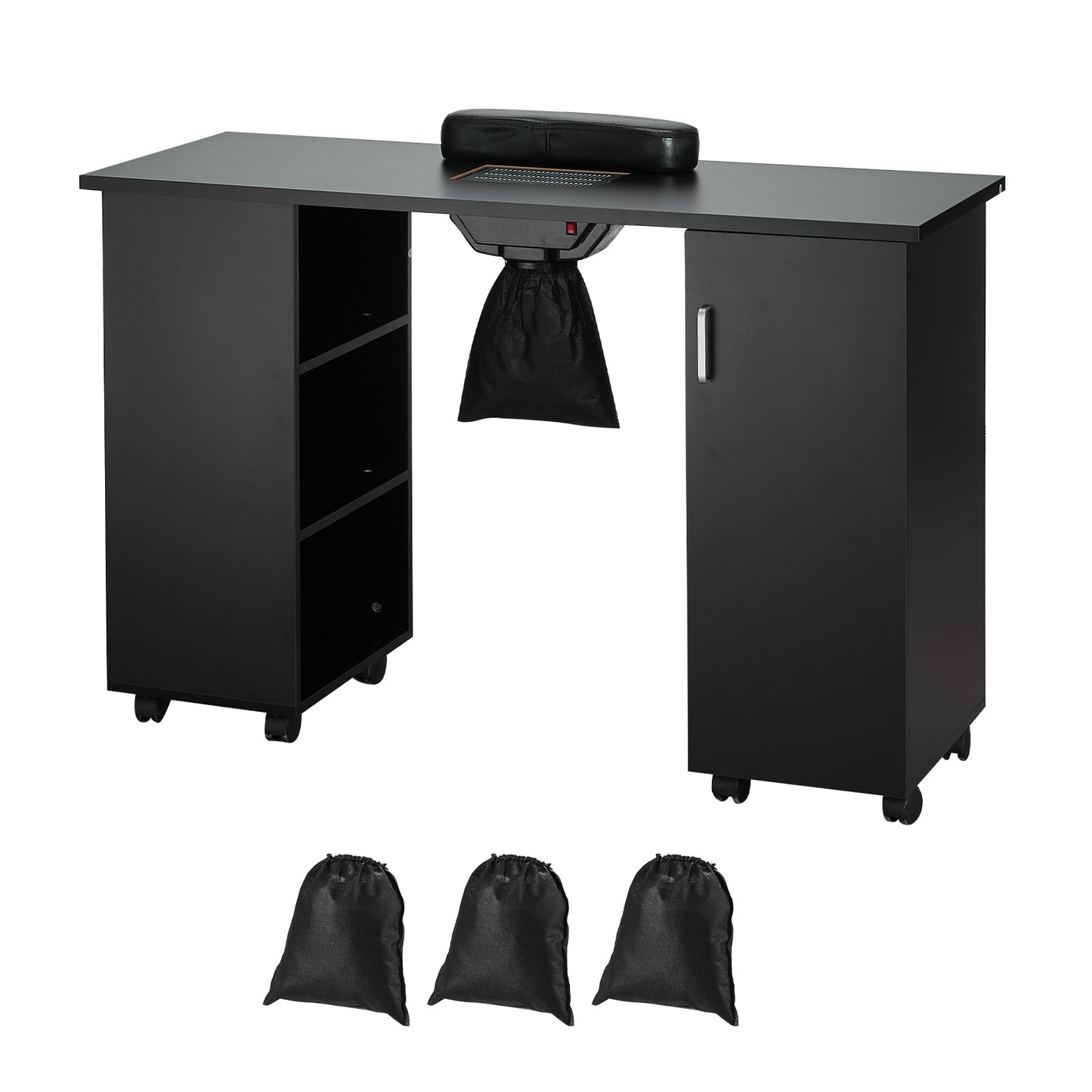 Black Nail Tech Desk - Mobile Manicure Table with Dust Collector for Home Office