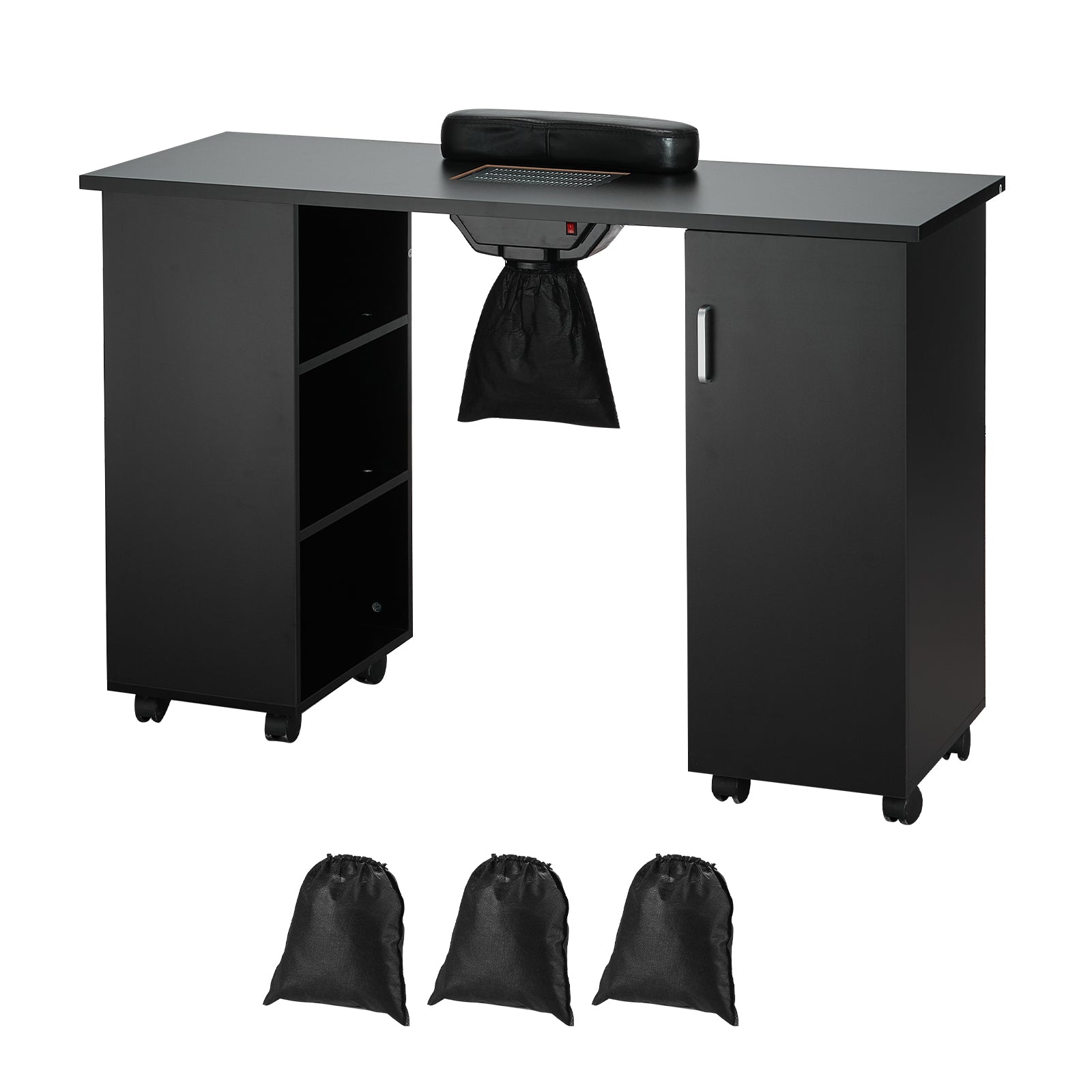 Black Nail Tech Desk - Mobile Manicure Table with Dust Collector for Home Office