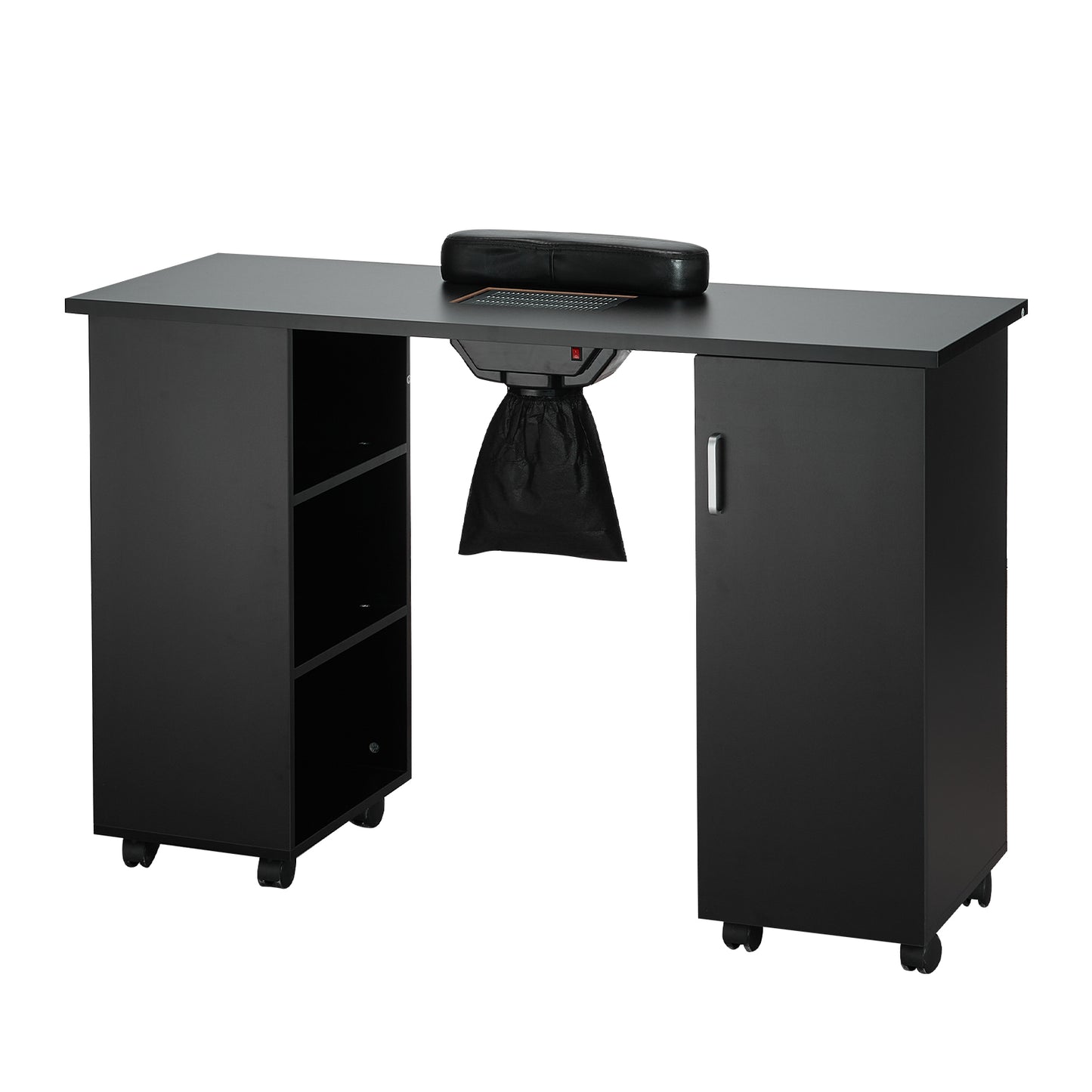 Black Nail Tech Desk - Mobile Manicure Table with Dust Collector for Home Office