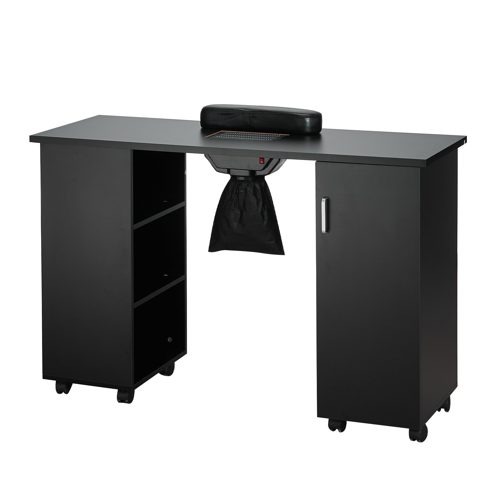 Black Nail Tech Desk - Mobile Manicure Table with Dust Collector for Home Office