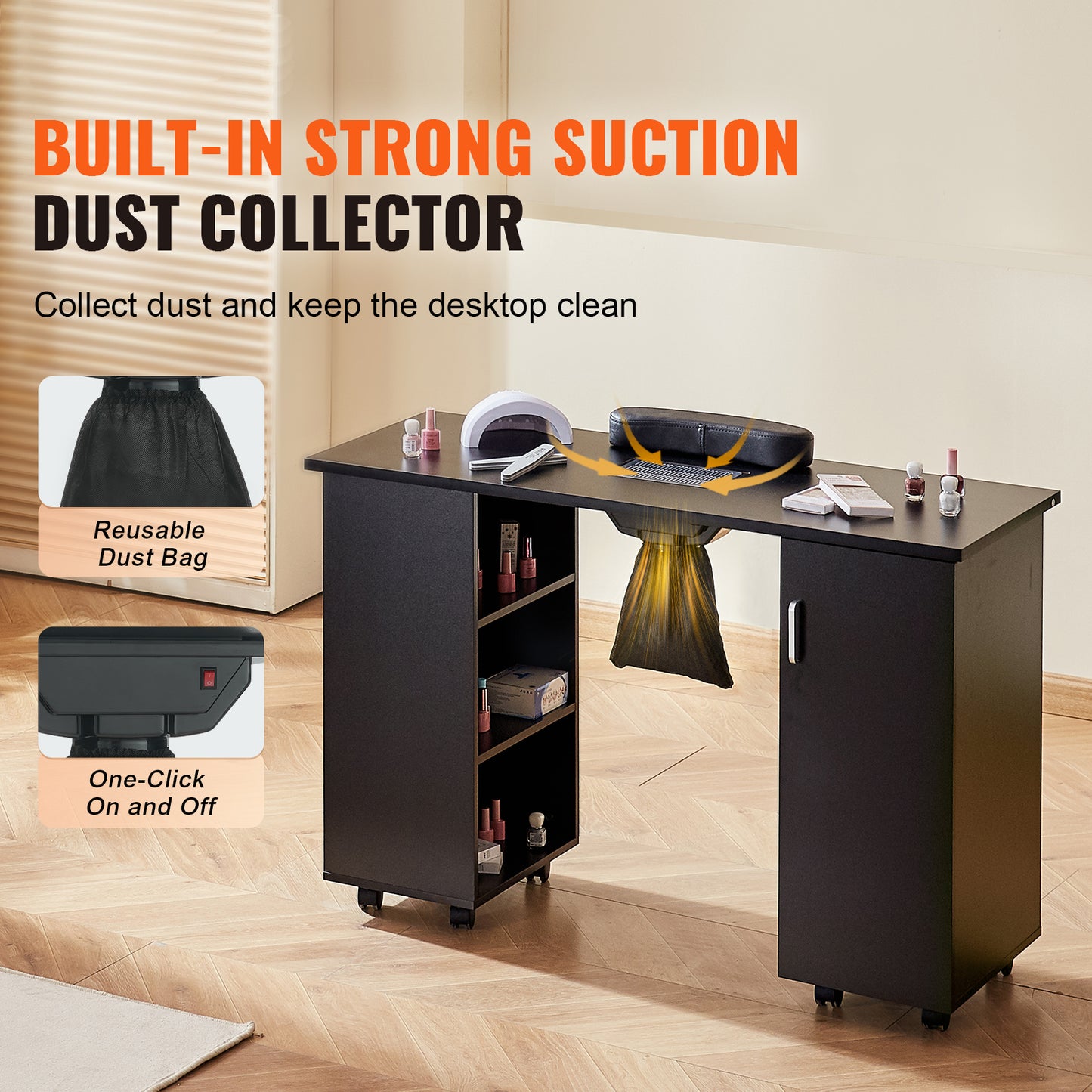 Black Nail Tech Desk - Mobile Manicure Table with Dust Collector for Home Office