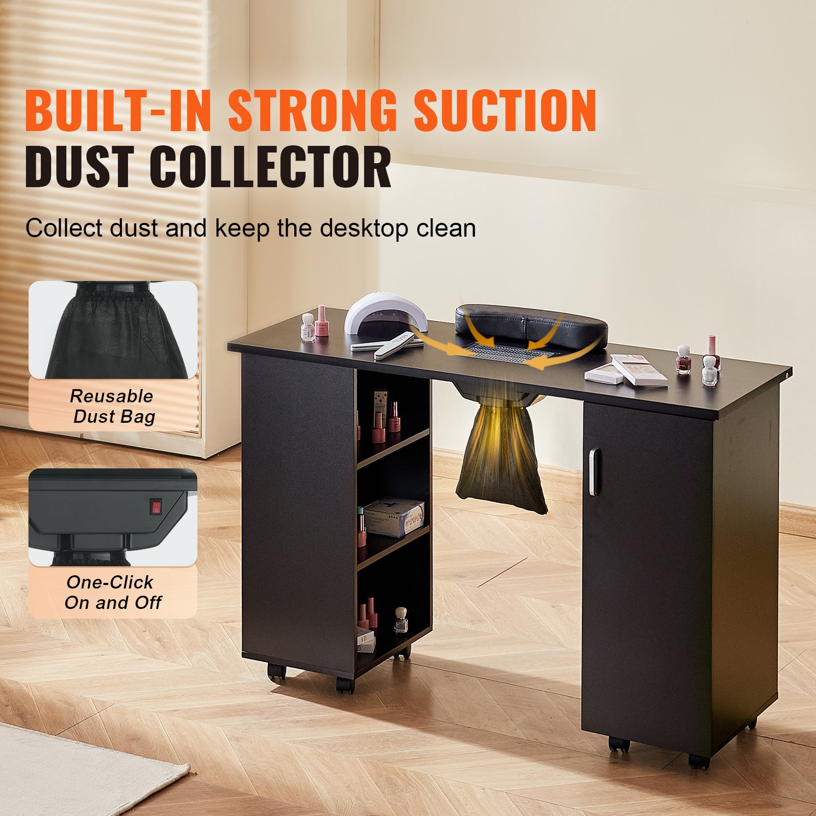 Black Nail Tech Desk - Mobile Manicure Table with Dust Collector for Home Office