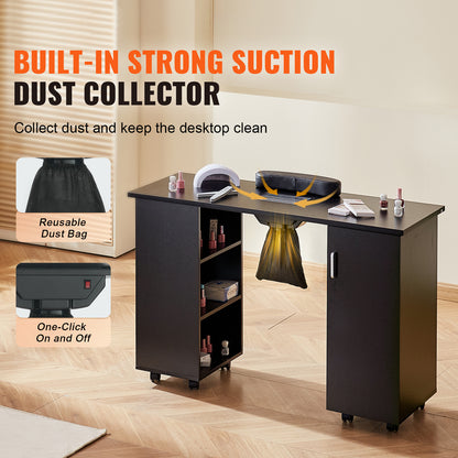 Black Nail Tech Desk - Mobile Manicure Table with Dust Collector for Home Office