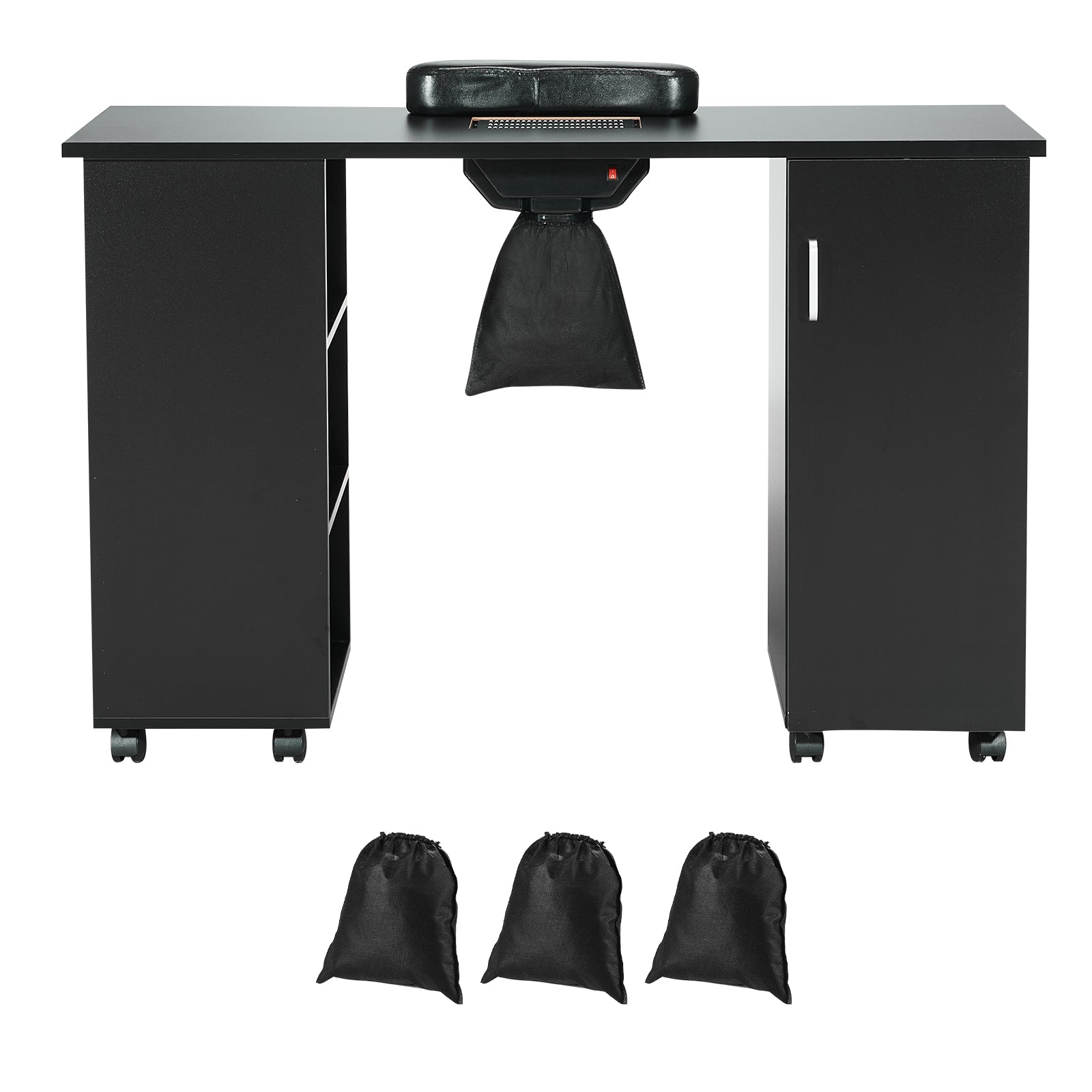 Manicure Table, Nail Table Station with Electric Dust Collector, Moveable Nail Tech Desk with 8 Wheels (4 Lockable), 3 Dust Bag & Wrist Rest, MDF Nail Art Workstation for Spa Beauty Salon, Black