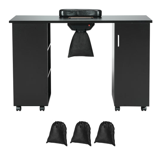 Manicure Table, Nail Table Station with Electric Dust Collector, Moveable Nail Tech Desk with 8 Wheels (4 Lockable), 3 Dust Bag & Wrist Rest, MDF Nail Art Workstation for Spa Beauty Salon, Black