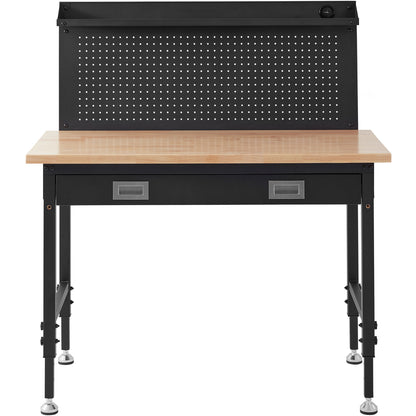 Workbench Adjustable Height 28-39.5" Work Bench For Garage Oak Plank & Carbon Steel Heavy Duty Workbench 2000lbs Weight Capacity Bench top Size 48x24" Hardwood Workbench 3m Cable 30 Hooks
