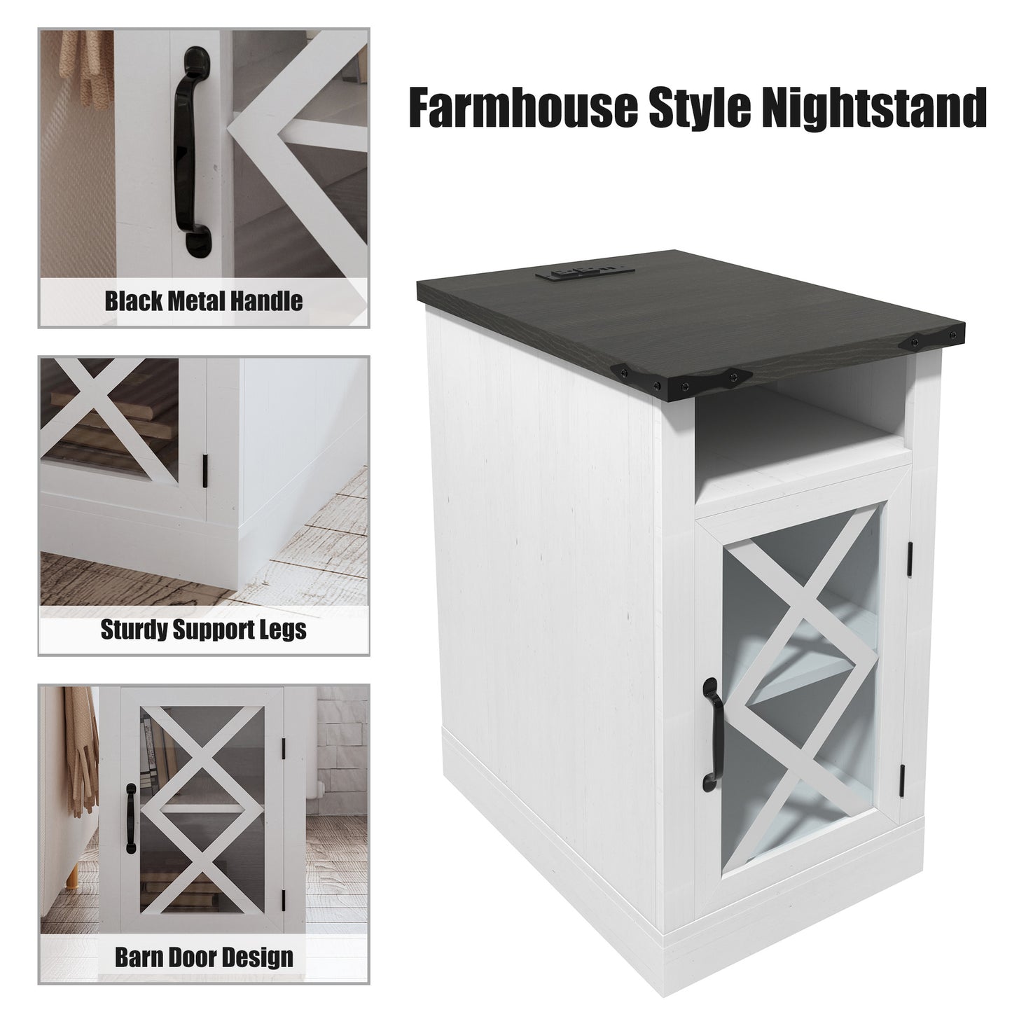 Farmhouse Nightstand with Barn Door - White & Storage