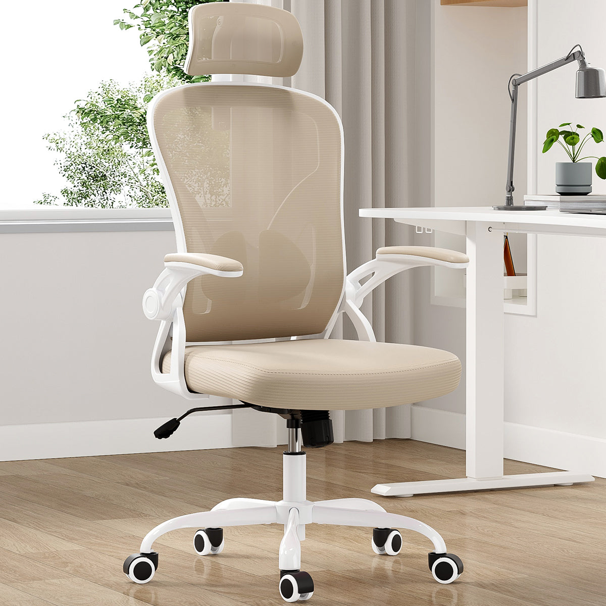 Ergonomic Office Chair, Home Office Desk Chair with Headrest, High Back Computer Chair with Armrests and Adjustable Lumbar Support for Home Office Study Room,White & Khaki