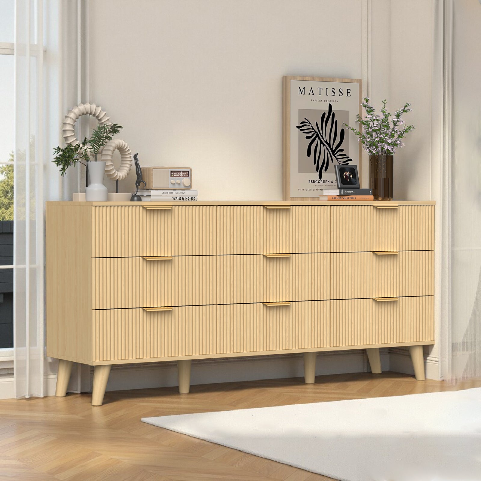 9 Drawer Dresser for Bedroom, Fluted Wooden Chest of Drawers for Children's Room,  Nursery, Entrance, Natural, 63"W x 15.7"D x 29.5"H