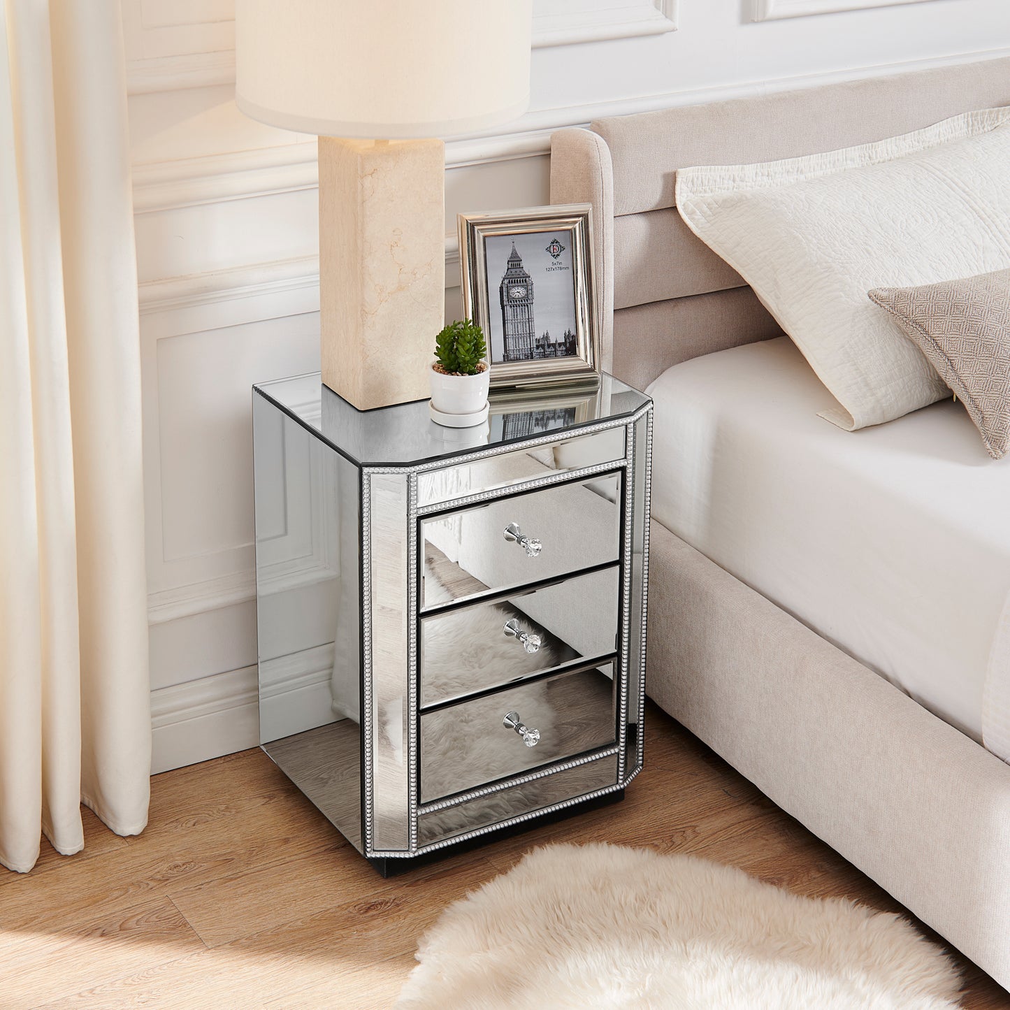 3-Drawer Mirrored Nightstand Bedside Table, Modern End Side Table, Mirrored Nightstand, Mirrored Side Table for Living Room, Bedroom, Entryway 17.7"W x 13.8"D x 23.6"H