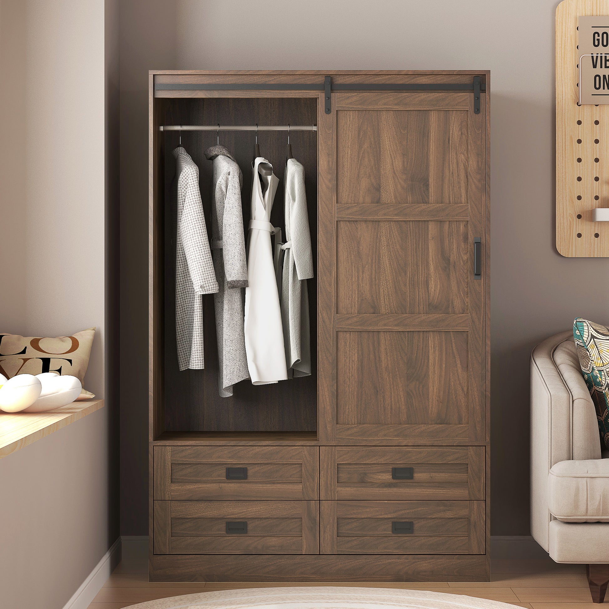 47" Wood Bedroom Wardrobe with Hanging Rod & Drawers