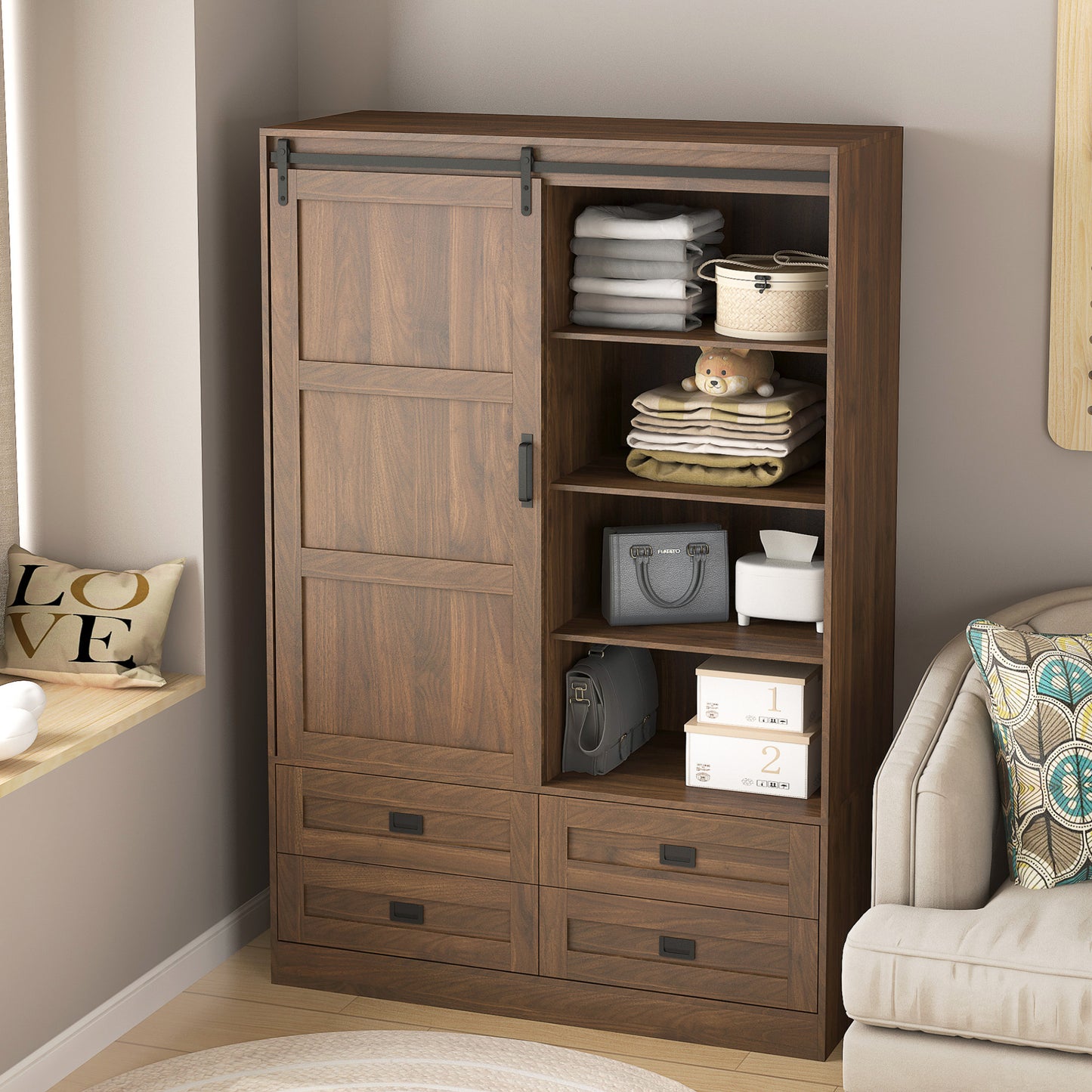 47" Wood Bedroom Wardrobe with Hanging Rod & Drawers