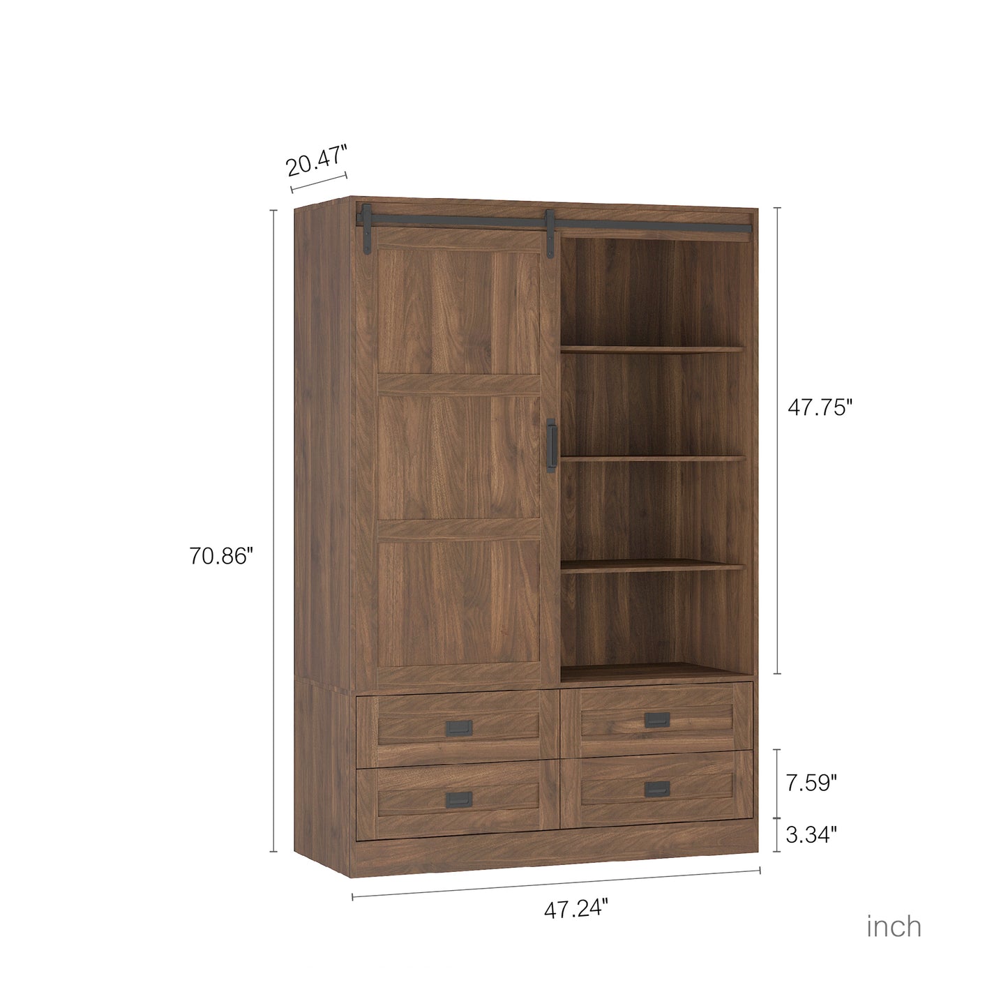 47" Wood Bedroom Wardrobe with Hanging Rod & Drawers