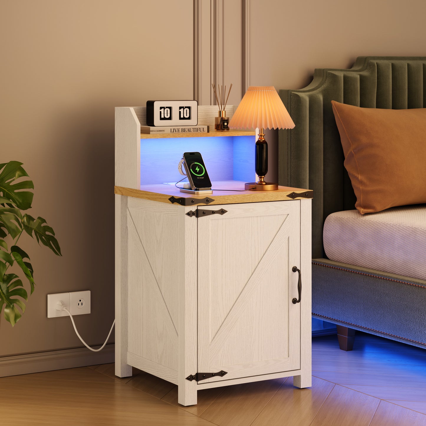 White Farmhouse Nightstand with Charging Station - 18 Inch