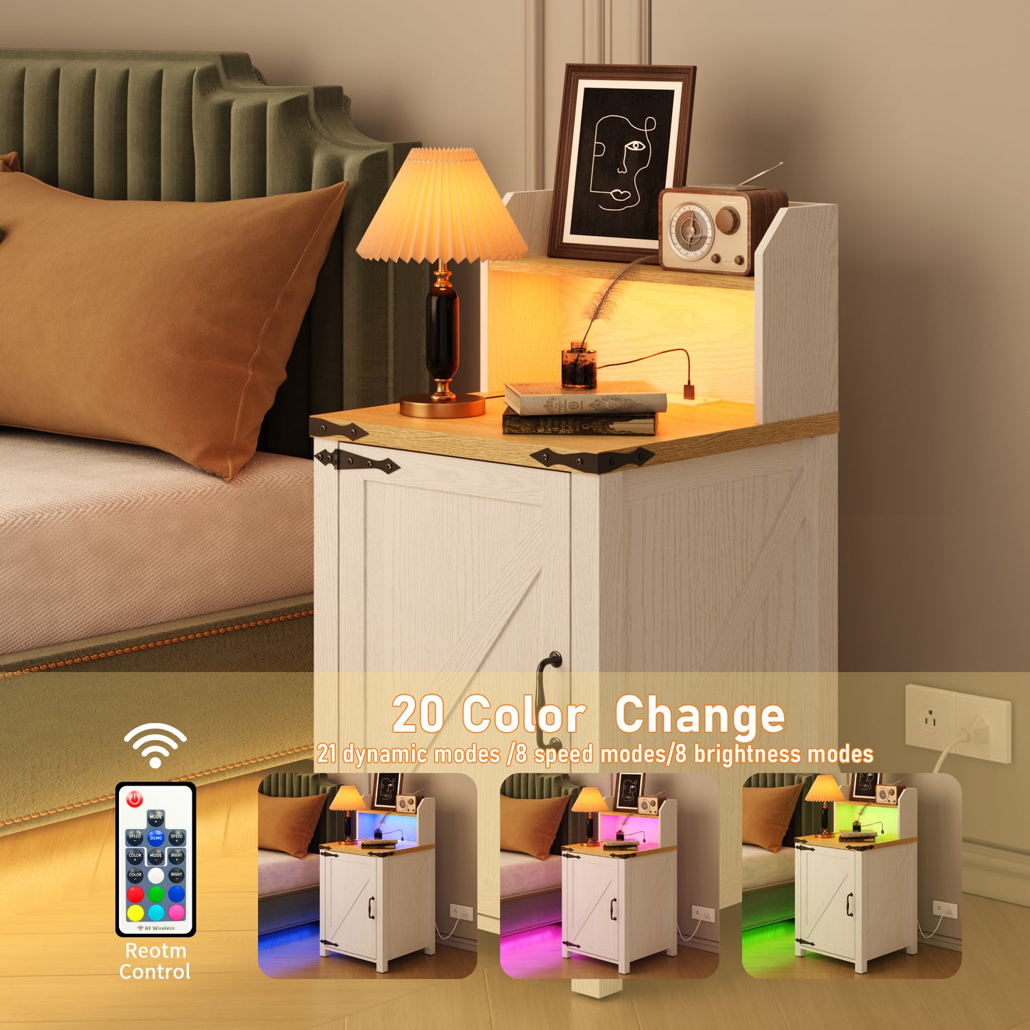 White Farmhouse Nightstand with Charging Station - 18 Inch