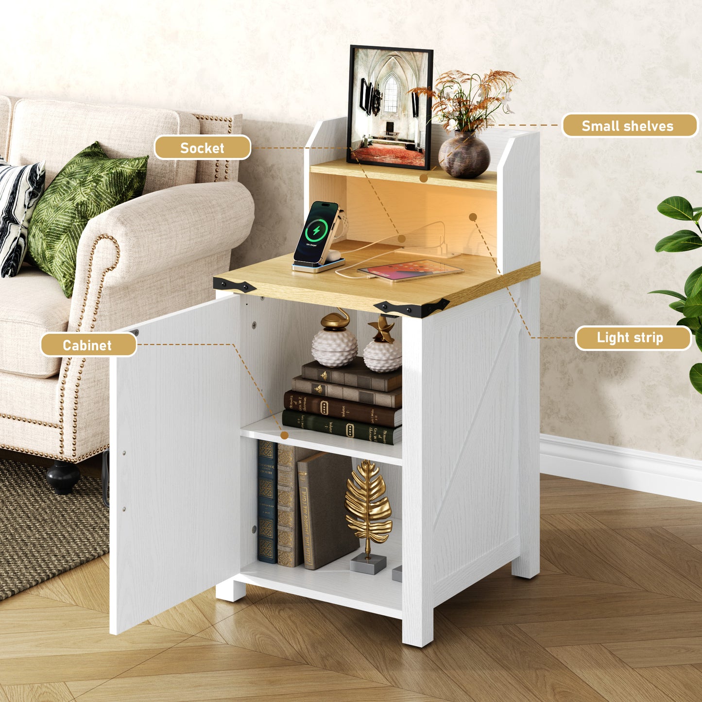 White Farmhouse Nightstand with Charging Station - 18 Inch