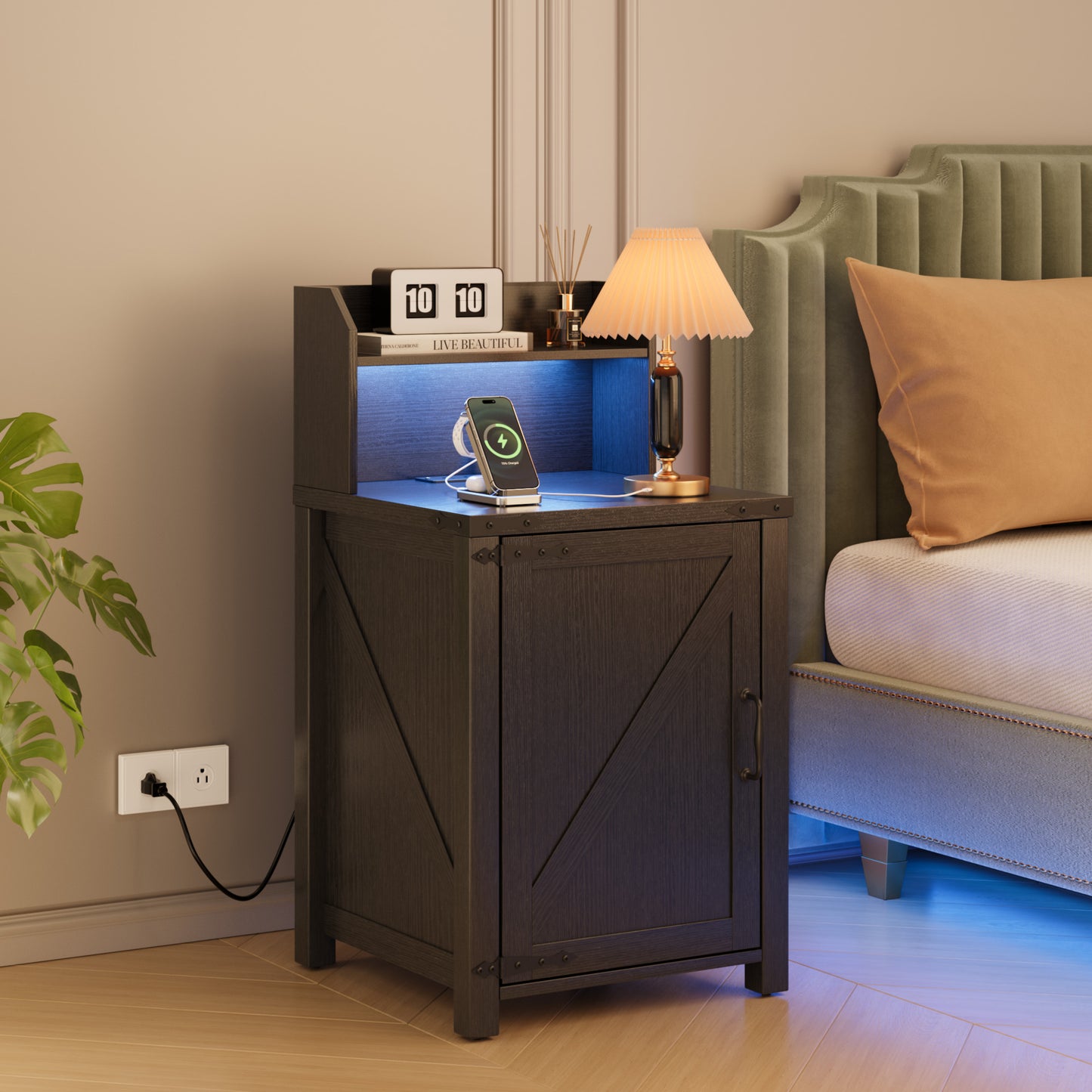 Farmhouse Nightstand with Charging Station - Black Particle Board