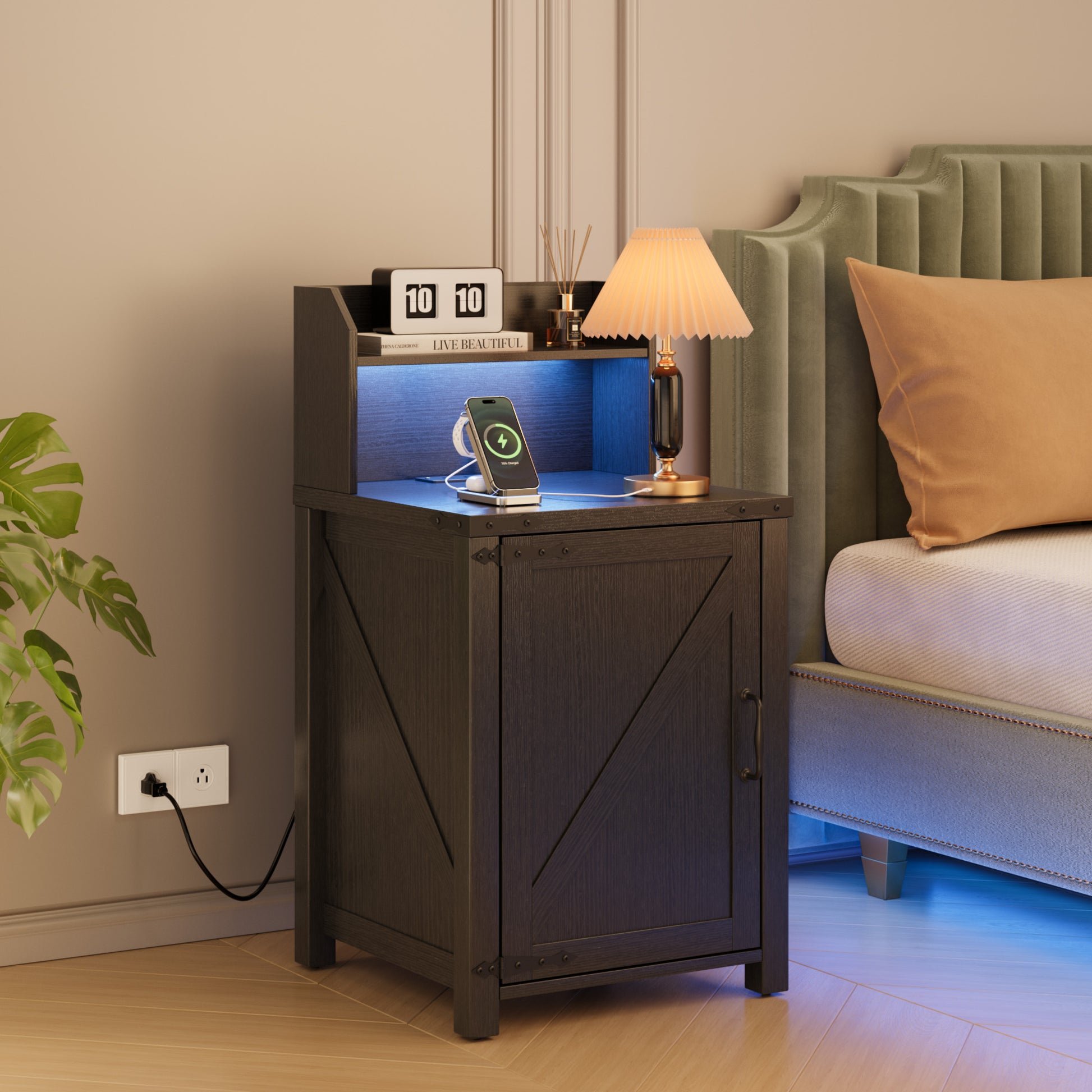 Farmhouse Nightstand with Charging Station - Black Particle Board