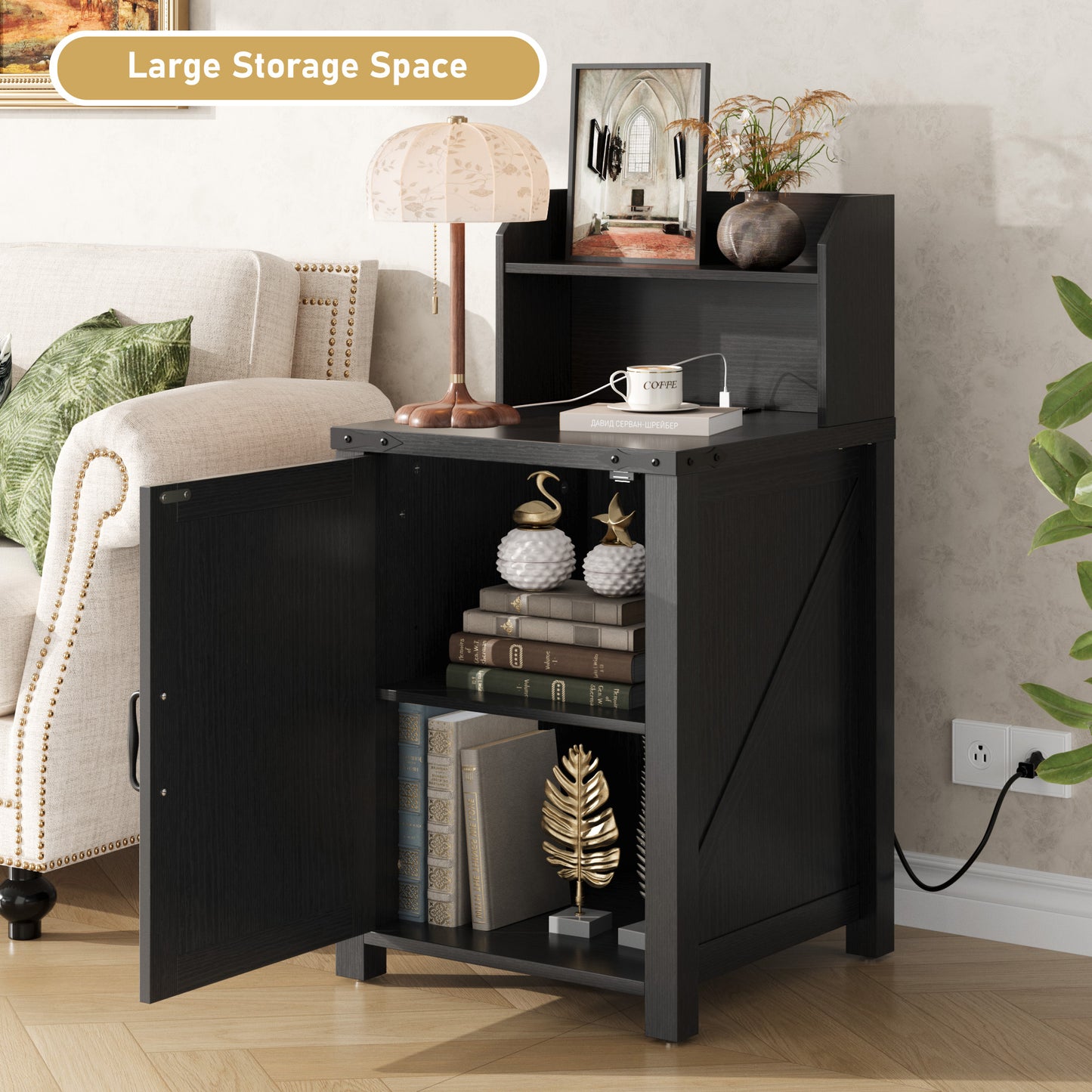 Farmhouse Nightstand with Charging Station - Black Particle Board