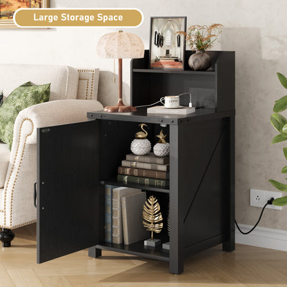 Farmhouse Nightstand with Charging Station - Black Particle Board