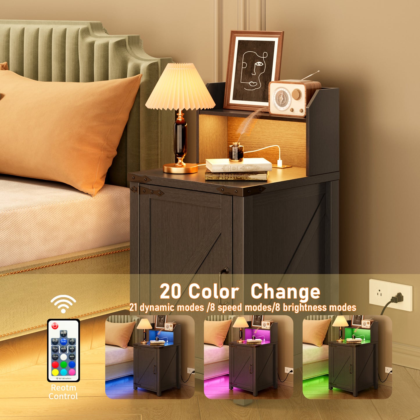 Farmhouse Nightstand with Charging Station - Black Particle Board