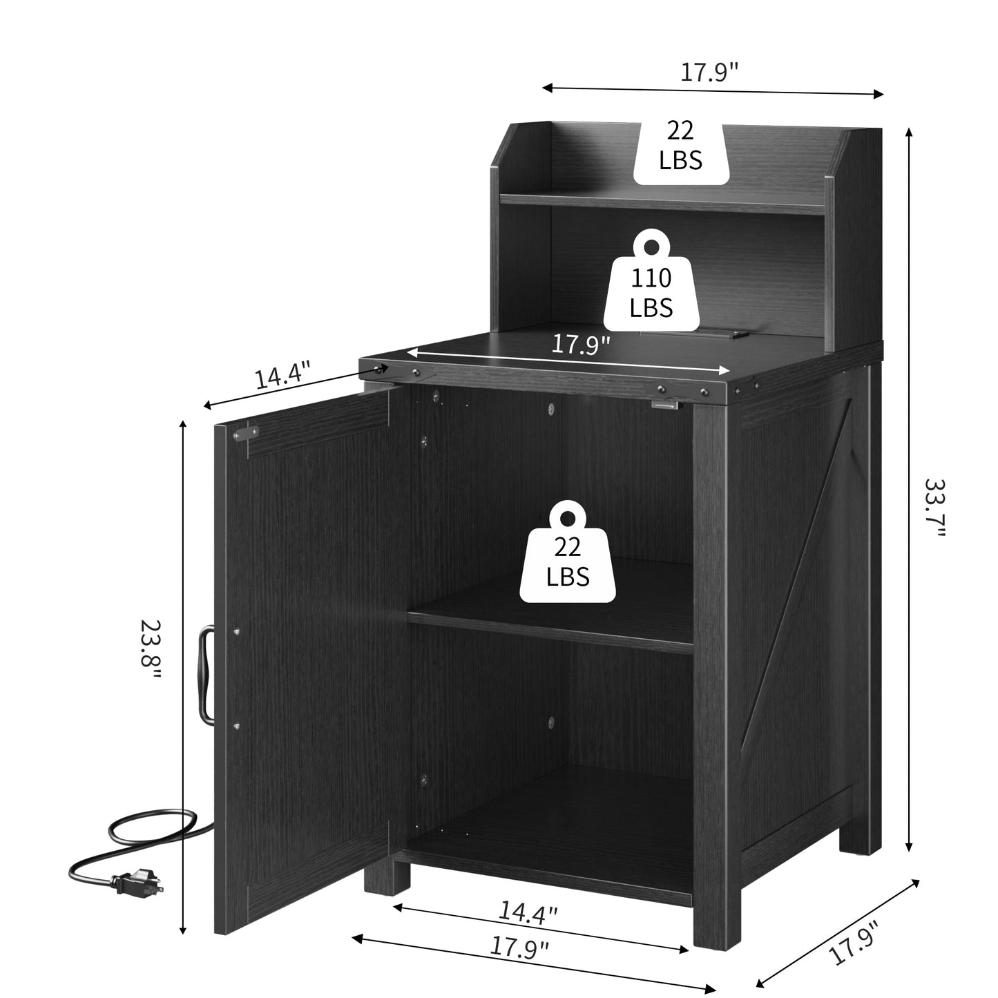 Farmhouse Nightstand with Charging Station - Black Particle Board