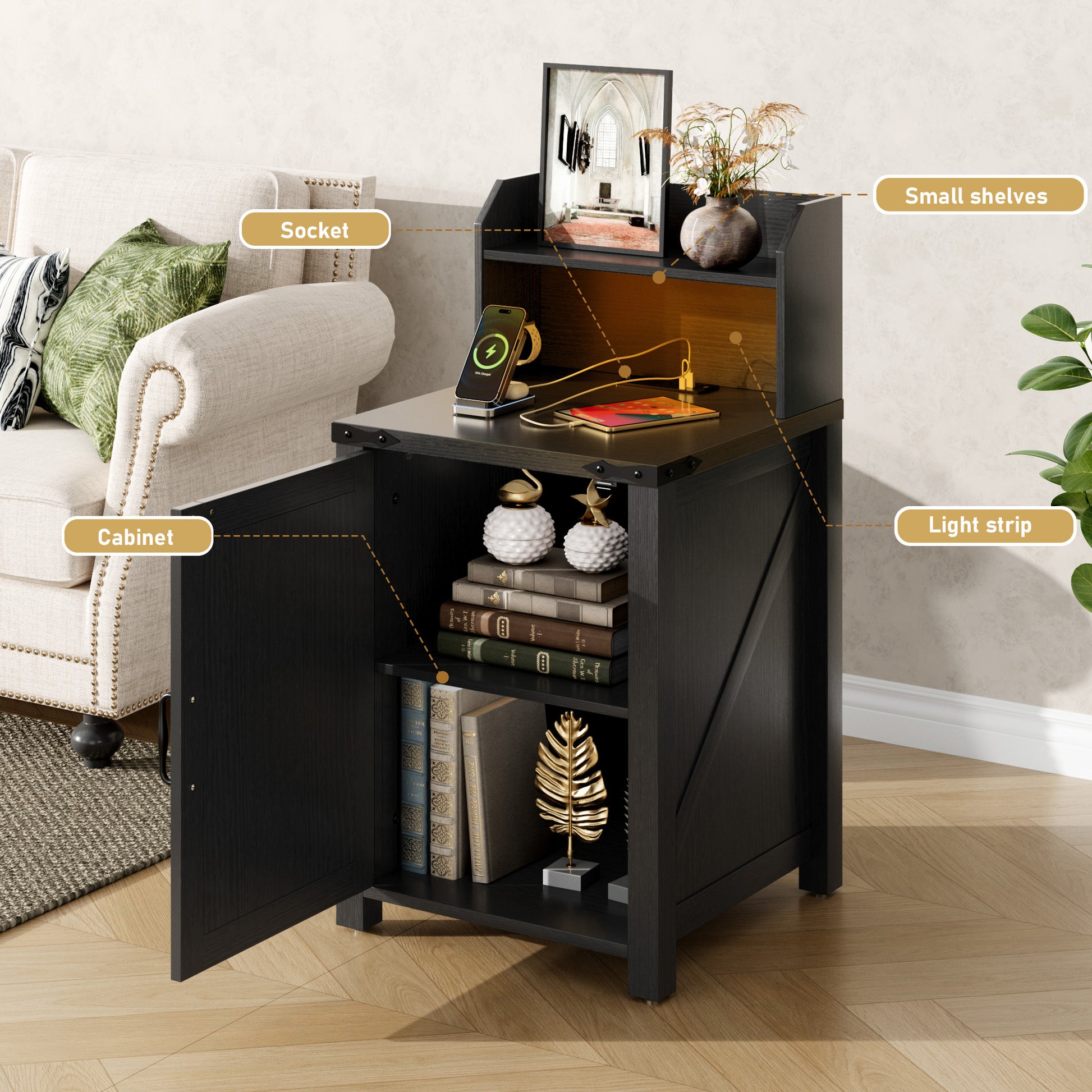 Farmhouse Nightstand with Charging Station - Black Particle Board